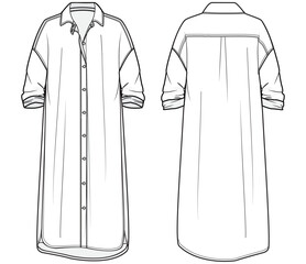 Sticker - womens maxi shirt dress flat sketch vector illustration front and back view technical drawing template