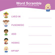 word scramble worksheet for toddlers. Printable feelings edition worksheet. vector file. kawaii illustration