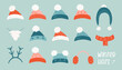 Vector illustration of winter headwear collection for cold weather. Warm seasonal hats and scarf, earmuffs, santa beard and hat in Christmas style isolated on blue background in flat style