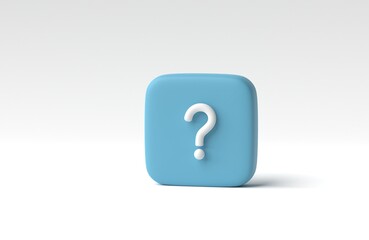 Blue button with question mark symbol on white background. 3D render, 3D illustration.