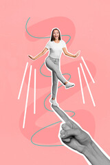 Sticker - Composite collage picture image of small miniature amazed happy woman stand big hand finger dancing keep balance giant titan colossus