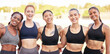 © Jade M/peopleimages.com - Fitness, portrait and happy running team on a runners racetrack for training, exercise and group workout as friends. Smile, Diversity and healthy girls with of slim, strong and athletic sports body