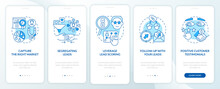 Practices Of Lead Conversion Blue Onboarding Mobile App Screen. Walkthrough 5 Steps Editable Graphic Instructions With Linear Concepts. UI, UX, GUI Template. Myriad Pro-Bold, Regular Fonts Used