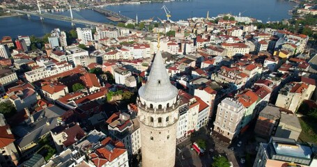 Wall Mural - Galata Tower in Istanbul, Turkey. Aerial view of the sights of Istanbul. The European part of Istanbul. Drone flies over Galata Tower