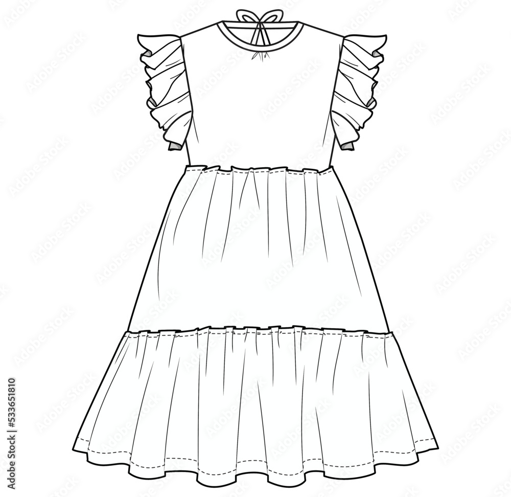 maxi dress flat sketch Shoulder spaghetti straps midi maxi long flared a line dress template technical drawing flat sketch