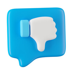 3d render of blue dislike icon in speech bubble, social media concept.