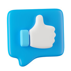 3d render of blue like icon in speech bubble, social media concept.