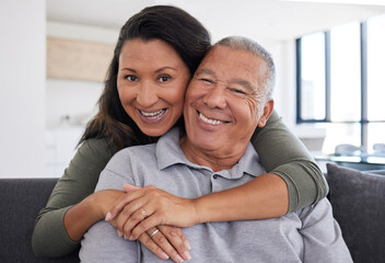 Sticker - Retirement, love and hug with couple on sofa in together enjoying happy, relax and support. Smile, family and trust with portrait of man and woman sitting in living room for wellness, health or peace