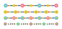 A Set Of Deco Border Illustrations In A Combination Of Cute And Happy Smiling Smileys And Flower Shapes. Lines Of Colorful Beads In Rainbow Colors.