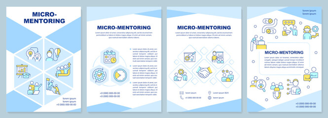 Micro-mentoring blue brochure template. Workplace coaching. Leaflet design with linear icons. Editable 4 vector layouts for presentation, annual reports. Arial-Black, Myriad Pro-Regular fonts used
