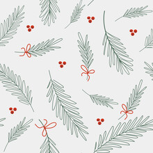 Christmas Vector Seamless Pattern With Fir Branches And Red Berries On A Light Background.