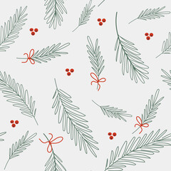 Christmas vector seamless pattern with fir branches and red berries on a light background.