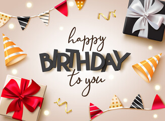 Wall Mural - Birthday greeting vector background design. Happy birthday to you text with gifts pennants and gold party hat decoration elements for birth day celebration messages. Vector illustration.
