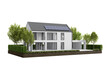 New house on grass podium with solar panel. 3d rendering of residential building on white background.