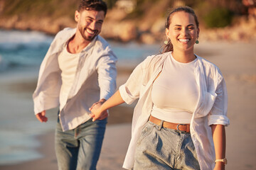 Poster - Happy couple, beach and travel while holding hands, laughing and having fun on Portugal summer vacation or holiday traveling to seaside. Smile of man and woman on honeymoon sharing love and adventure