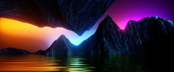 Wall Mural - 3d render, abstract panoramic background, surreal futuristic landscape with calm water, cliffs, rock