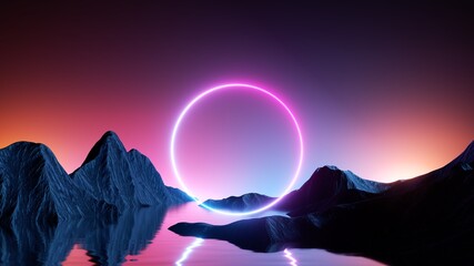 Wall Mural - 3d render. abstract neon background with round geometric shape, surreal landscape, mountains and rin