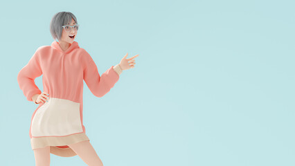 Woman wearing pink hoodie is Point to the side with your left hand with surprised face. Space for your text and banner design. Designed in minimal and pastel background. Cartoon character, 3D render