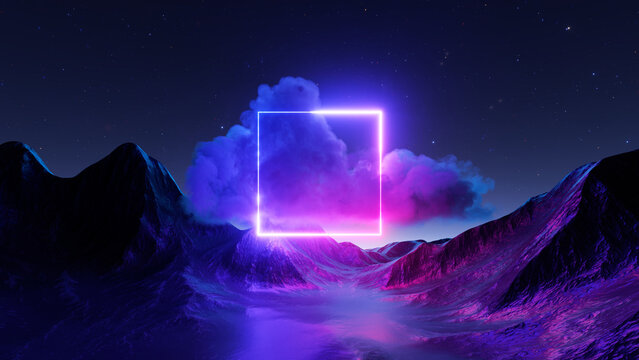 Wall Mural -  - 3d rendering. Abstract fantastic neon background. Terrain landscape with glowing square frame, stormy cloud and mountains at night