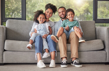 Wall Mural - Happy family on sofa and portrait in their living room with lens flare for wellness, child development and quality time at home. Smile, love and care of interracial mother, father and kids on couch