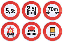 Black, White And Red Road Prohibition Signs Of Minimum Distance Between Vehicles, Transport Of Polluting Material, Dangerous Material Or Explosive Material, Prohibition Of A Vehicle Weight