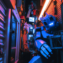 Digital illustration of broken down robot in alley, fixing itself. Big city street with neon lights. Robot spare parts. Concept art, poster design. Robot downfall.