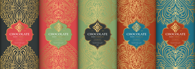 Luxury packaging design of chocolate bars. Vintage vector ornament template. Elegant, classic elements. Great for food, drink and other package types. Can be used for background and wallpaper.