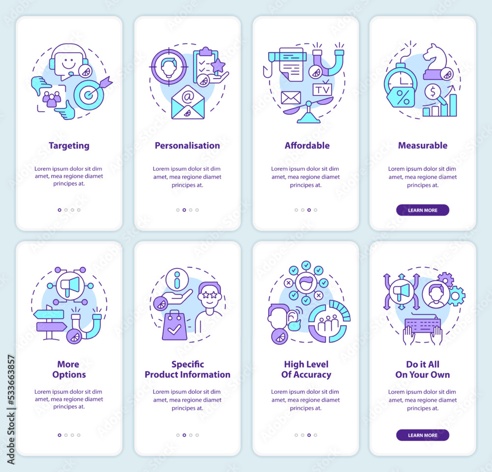 Vektor Benefits of direct marketing onboarding mobile app screen set ...