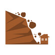 Rockfall mountain hill landslide natural disaster destroys city home warning sign brown icon flat vector design.