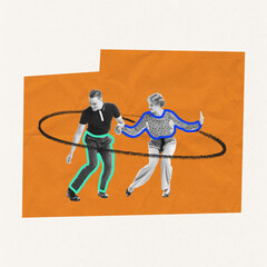 Canvas Print - Contemporary art collage. Stylish young people actively dancing, boogie woogie over orange background