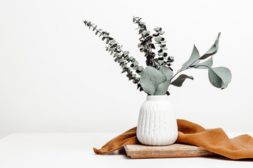 vase with natural eucalyptus leaves on wooden stand with copy space, scandinavian interior style, ho