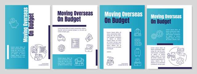 Moving overseas on budget teal brochure template. Cheap moving. Leaflet design with linear icons. Editable 4 vector layouts for presentation, annual reports. Anton-Regular, Lato-Regular fonts used