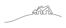 Abstract House On The Hill In Continuous Line Art Drawing Style. Residential Building, Real Estate Black Linear Design Isolated On White Background. Vector Illustration