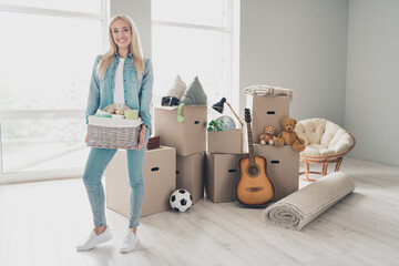 Sticker - Photo of sweet pretty young lady dressed denim shirt moving new flat boxes stack holding basket indoors apartment