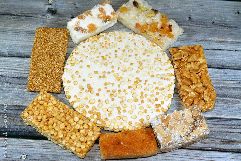 collection of Eastern candy chickpeas, peanuts, sesame taffy, coconut ...