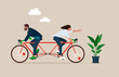 Working team trying hard riding bicycle in opposite direction. Business conflict, controversy or disagreement causing problem and failure. Flat vector illustration.