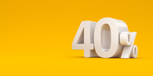 White Forty Percent On A Yellow Background. 3d Render Illustration. Illustration For Business Projects. Discount.