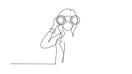 Wall Mural - Self drawing animation of single line draw business woman looking through binoculars searching for job. Find all opportunities in the world of suitable jobs. Continuous line draw. Full length animated