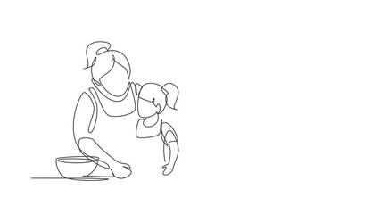 Wall Mural - Animated self drawing of continuous line draw beautiful young mom and her cute little daughter are playing and smiling while baking in kitchen at home. Full length one line animation illustration