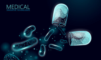 Bacteria 3D low poly render probiotics. Healthy normal digestion flora of human intestine yoghurt production. Modern science technology medicine allergy immunity thearment vector illustration