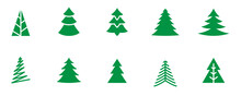 Conjunto De Arboles De Navidad De Diferentes Diseños. Concepto De Navidad Y Decoración. Pinos Verdes Navideños. Ilustración Vectorial