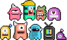 Pixel Art Set Of Cartoon Funny Monster Character.