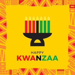 Wall Mural - Composition of kwanzaa celebration text and kwanzaa candles on yellow background with pattern