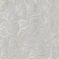 Canvas Print - 3d embossed lines floral seamless pattern. Textured beautiful flowers relief background. Repeat emboss white backdrop. Surface doodle lines gold leaves, flowers. 3d line art golden flowers ornament