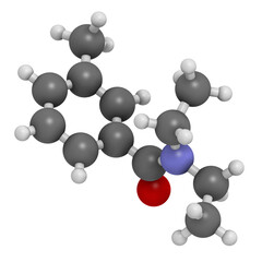 Poster - DEET insect repellent molecule. Used to protect against mosquitoes, chiggers, fleas, ticks, etc. Abbreviation for N,N-diethyl-meta-toluamide 3D rendering.