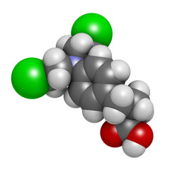 Poster - Chlorambucil leukemia drug molecule. Nitrogen mustard alkylating agent mainly used to treat chronic lymphocytic leukemia (CML).