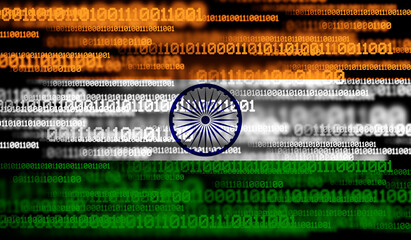 Flag of India on binary code. Modern technology concept.
