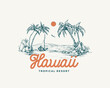 © createvil - Hawaii tropical resort view badge or logo template. Hand drawn beach with palm trees and sail boat sketch with typography. Premium nature sea landscape emblem Isolated