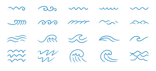 Poster - Wave sea line doodle icon set. Hand drawn sketch water wave outline. Simple curve, scribble aqua flow. Isolated vector illustration.