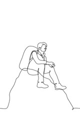 Wall Mural - traveler with backpack on his back sits on top of a mountain - one line drawing vector. concept of lonely traveler, climber, metaphor to get to the goal